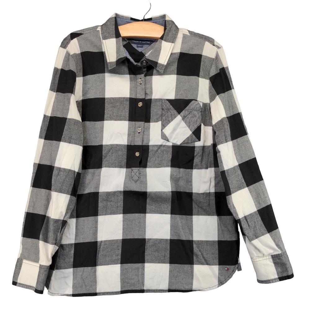 Tommy Hilfiger Womens Half Button Flannel Shirt Black And White Large Check